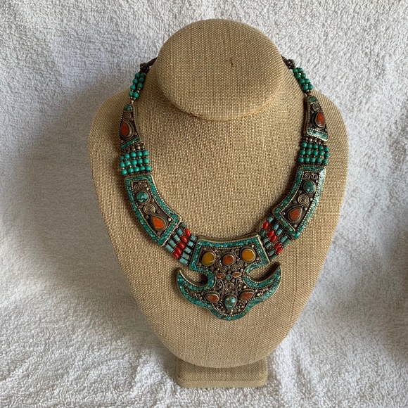 Auth Tibetan Nepal Handmade Inlay BibNecklace NWOT - Picture 1 of 4